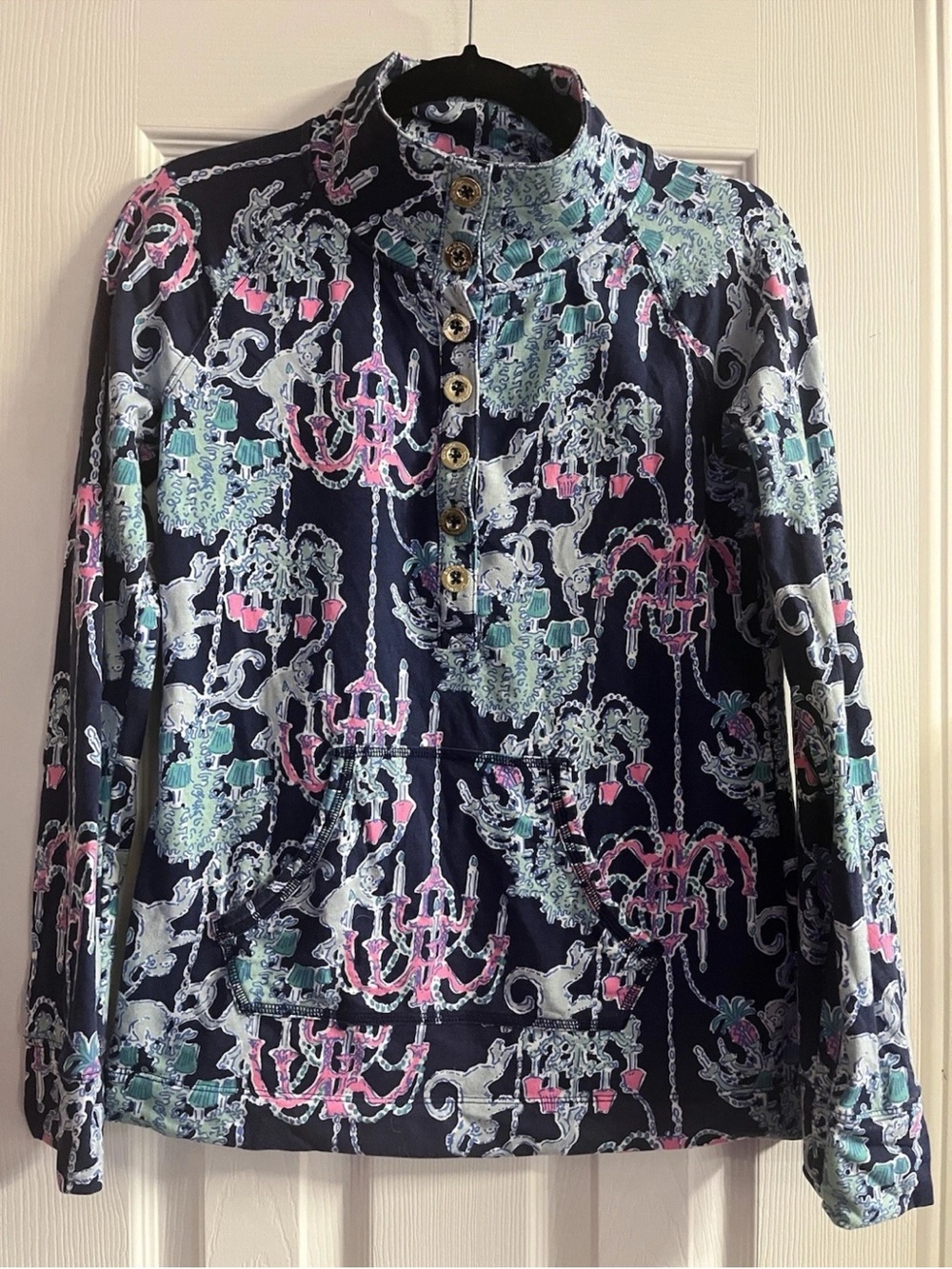 Lilly Pulitzer Navy Top with Pink & Mint Chandelier Print XS
